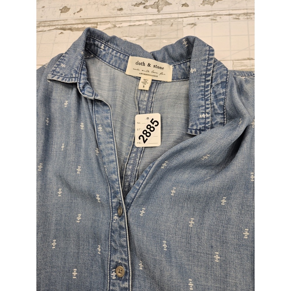 Cloth Stone Anthropologie Womens Small Chambray Button Up Shirt Geo Print - Picture 9 of 9